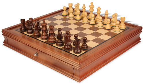 French Lardy Staunton Chess Set – Golden Rosewood – Walnut Two-Drawer Case – view 1