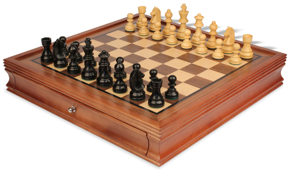 German Knight Staunton Chess Set – Ebonized – Walnut Two-Drawer Case – view 1